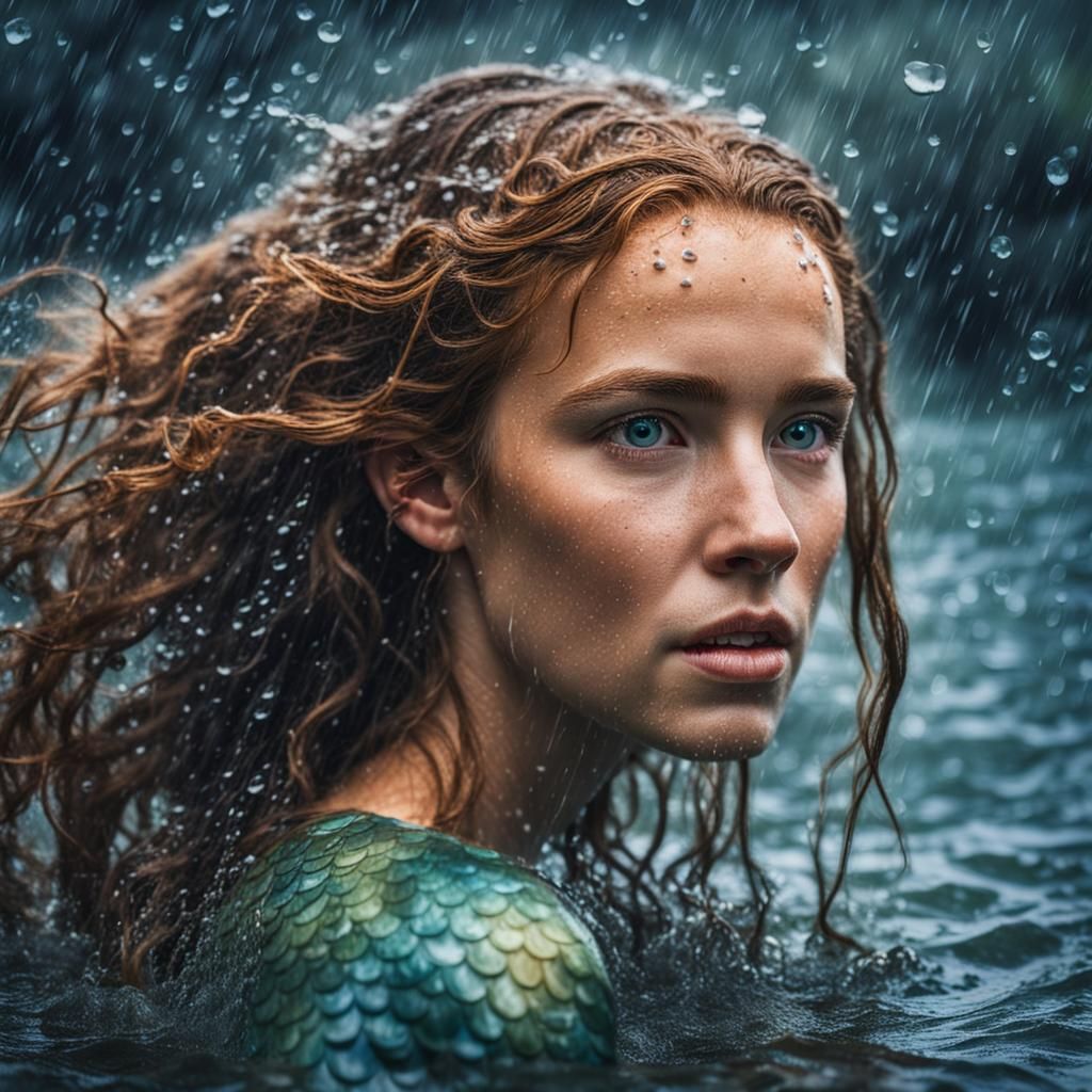 Hyperrealistic Mermaid Portrait in the Rain
