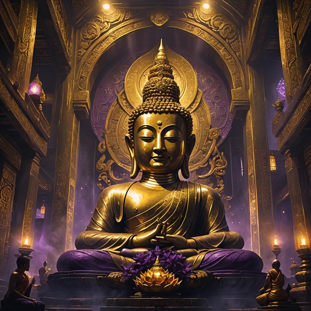 Golden Buddha in Dimly Lit Thai Temple
