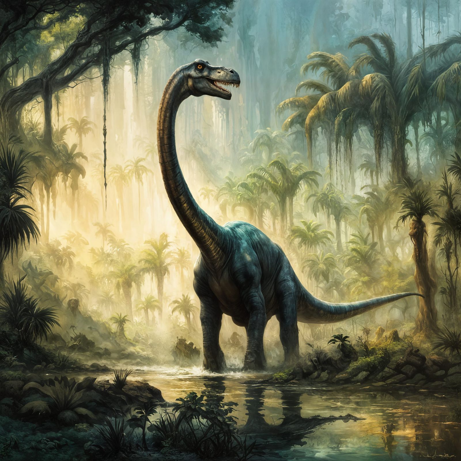 Brachiosaurus in Jungle: Epic Oil Painting