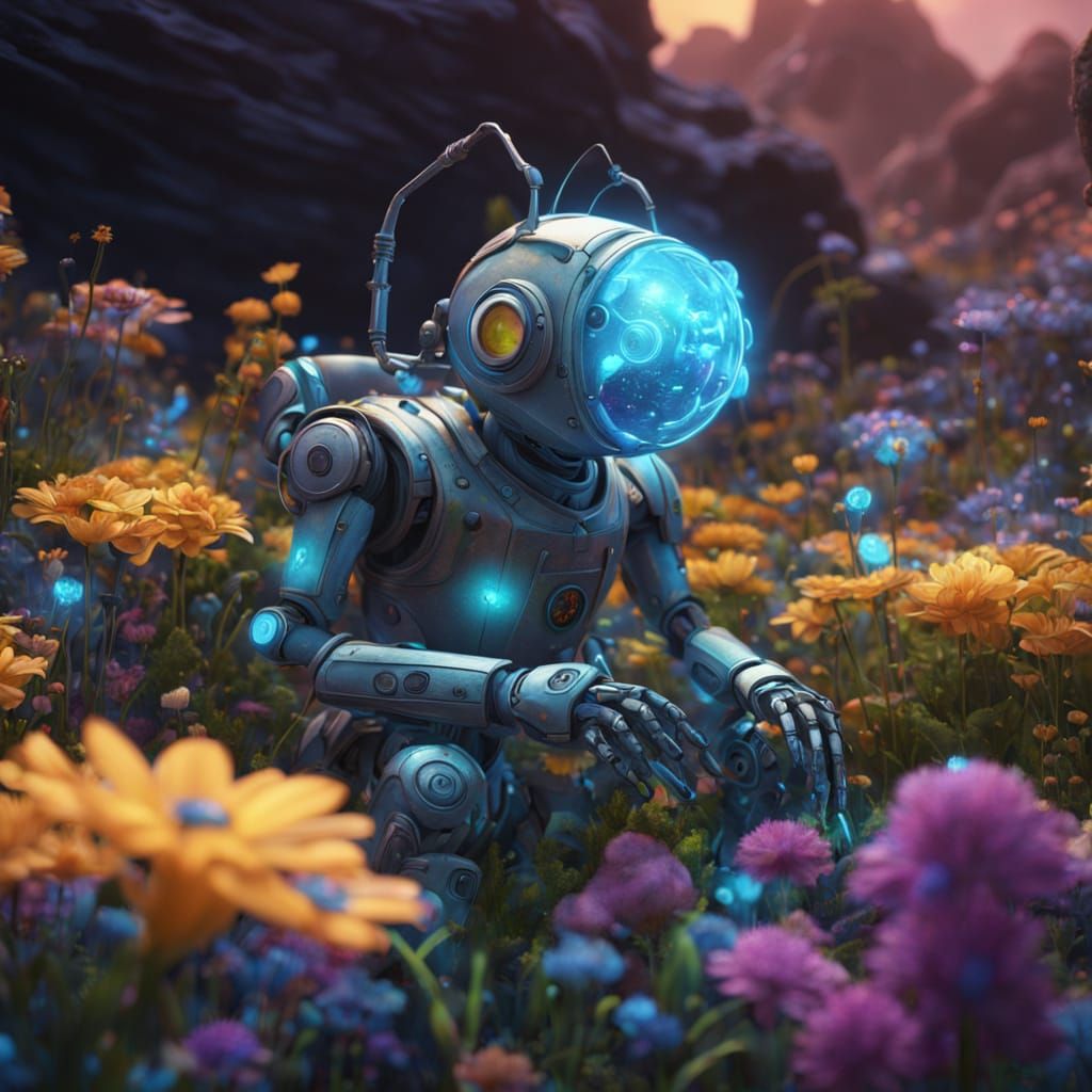 Robot Gardener on Alien World, Whimsical Bioluminescence