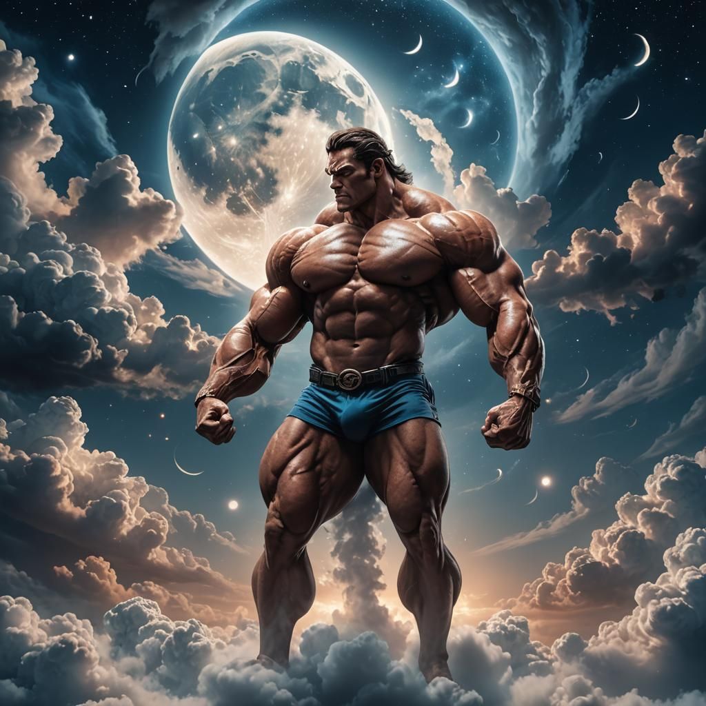 Colossal Bodybuilder Holds Moon in Fantasy Art