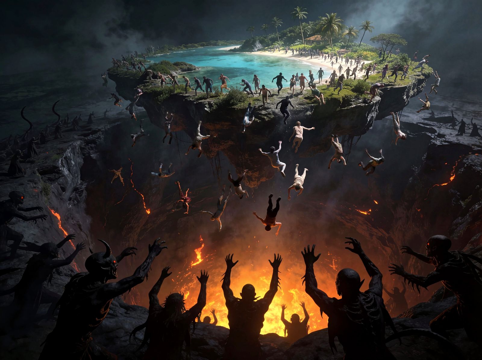 Scary Nightmare Scene of Souls Falling from Paradise Island