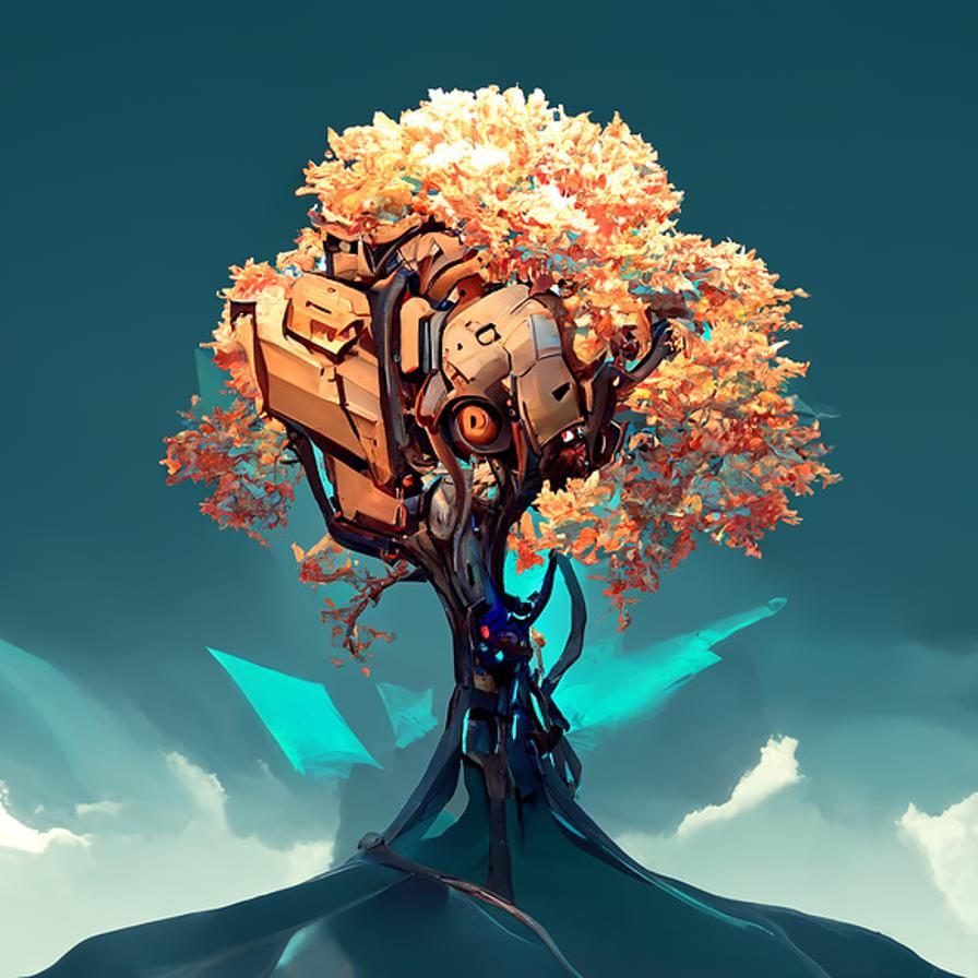Isometric Tree Mech Cyborg in Dramatic Lighting