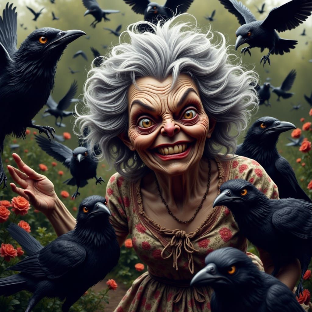 Hyperrealistic Witch Gardener Smiles Amidst Crow Attack in V...