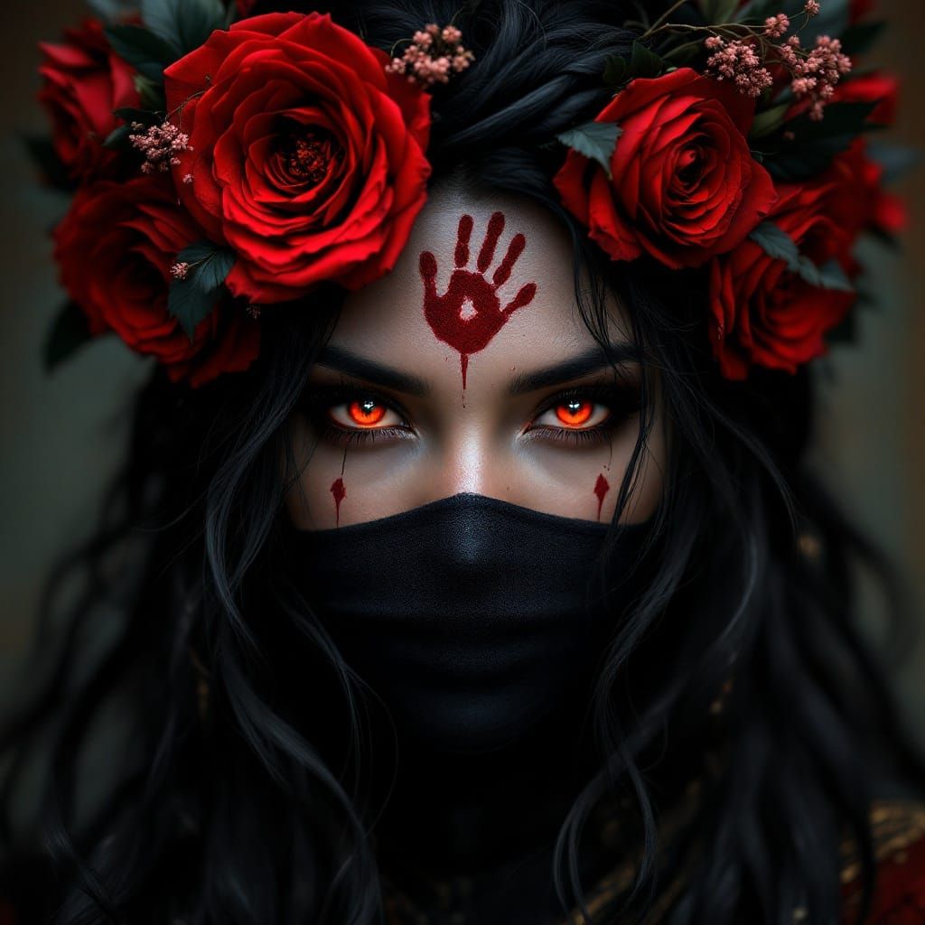 Strong Native Woman with Red Roses and Glowing Eyes in Fanta...