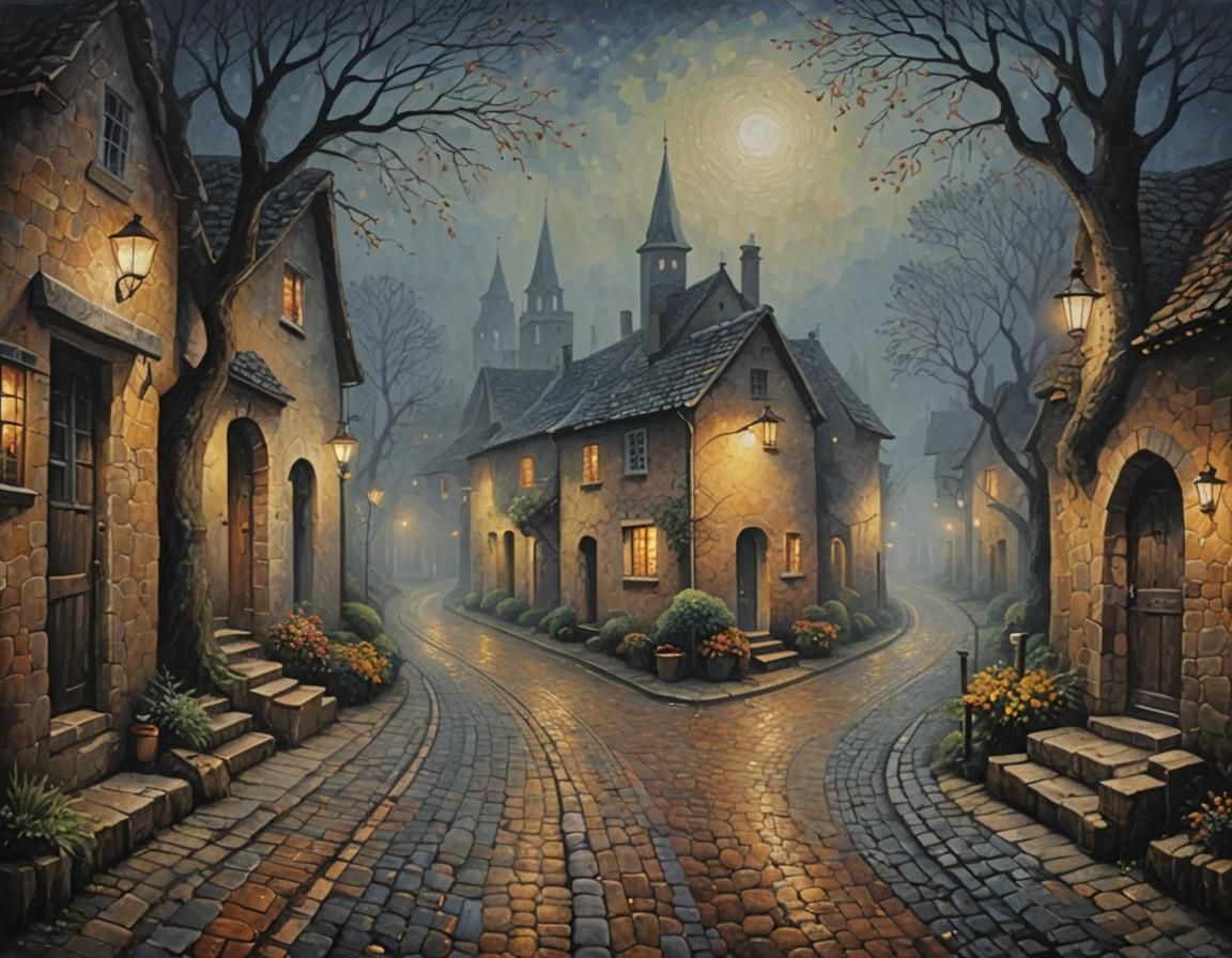 Ethereal Village Lane in Pointillism Style