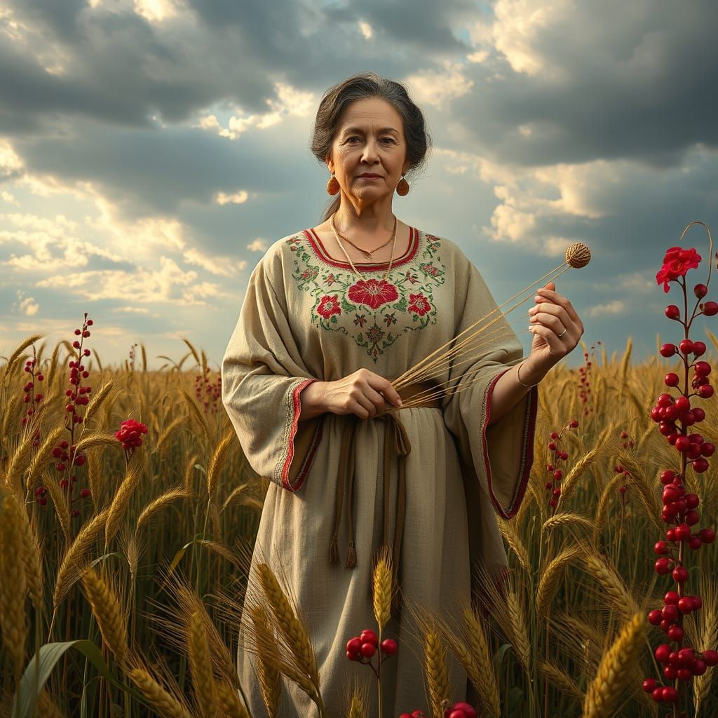 Majestic Slavic Goddess of Earth and Fate in a Fertile Field
