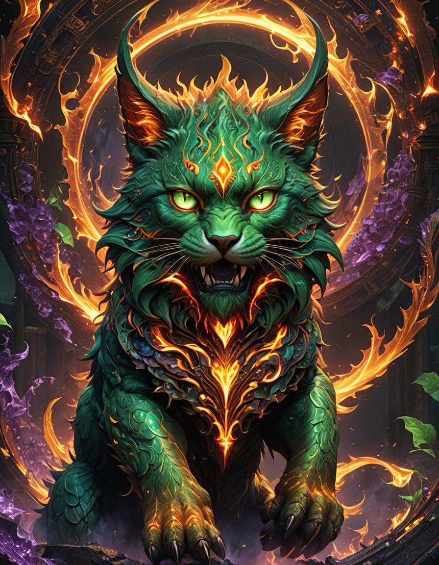 Fiery Kitten Demigod in Dark Fantasy Style