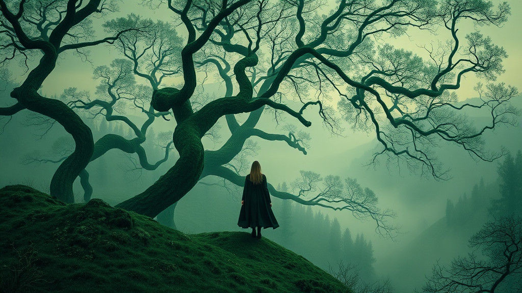 Mystical Woman in Surreal Emerald Landscape