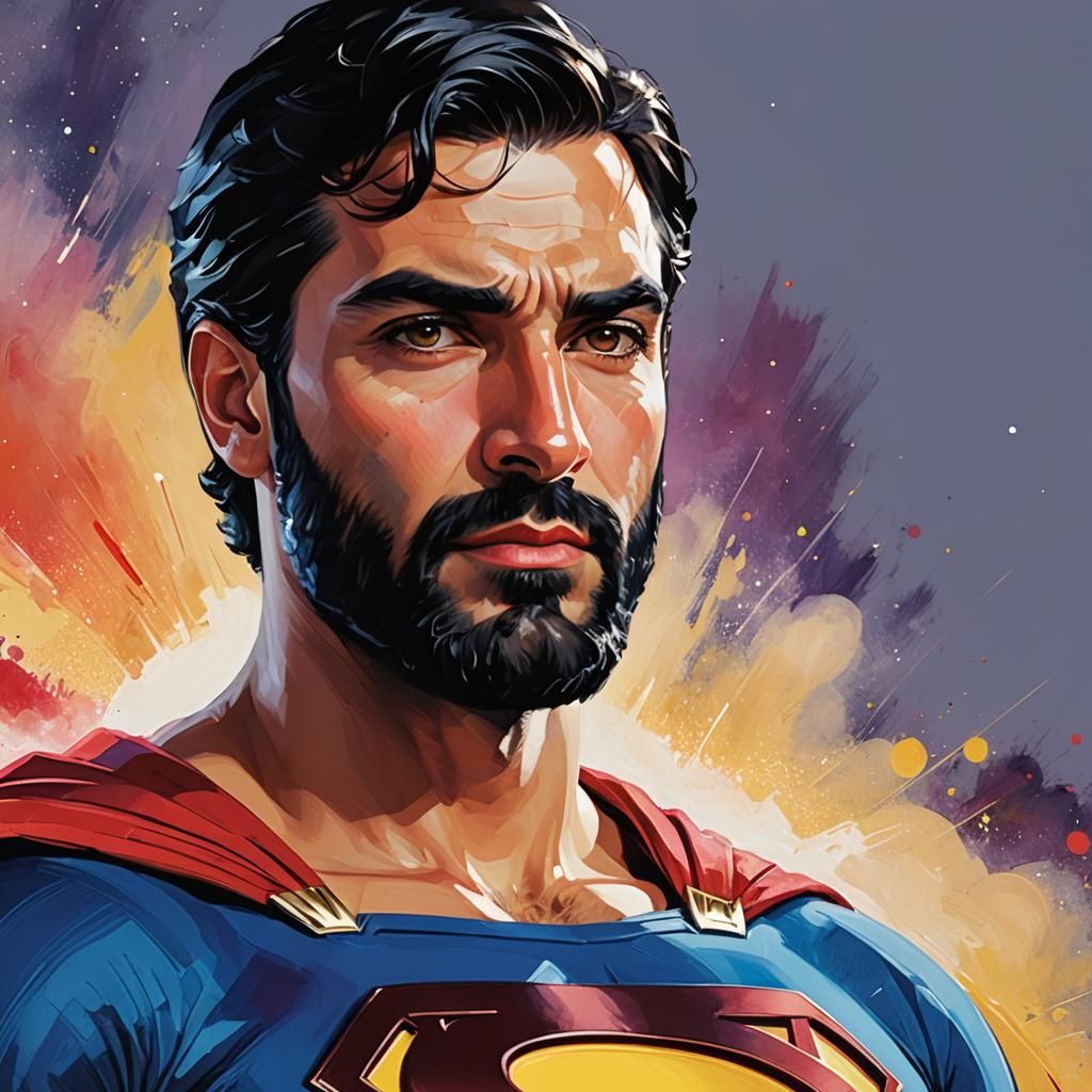 Cosmic Superman: Neo-Expressionist Digital Gouache Portrait