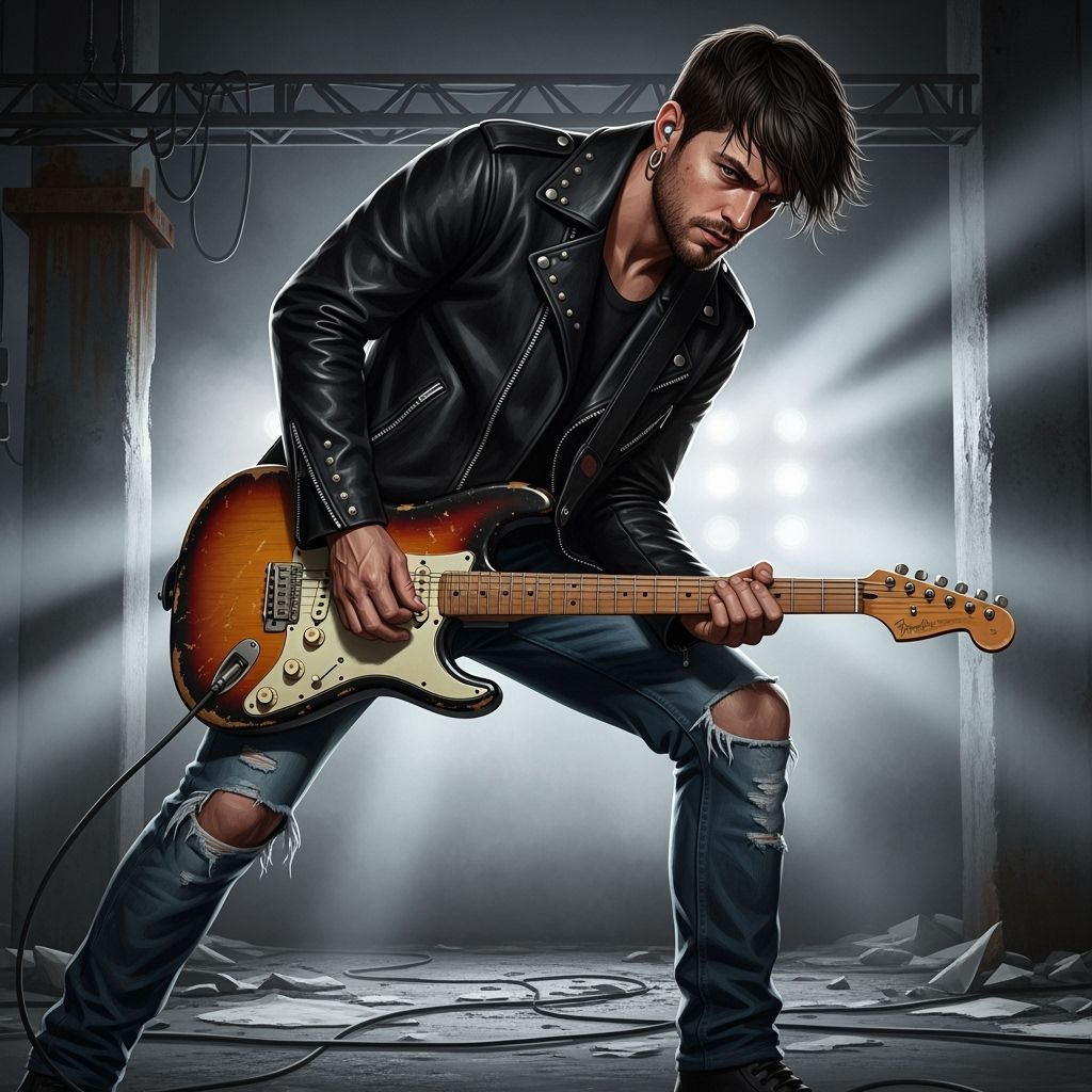 Intense Rockstar with Guitar in Industrial Setting
