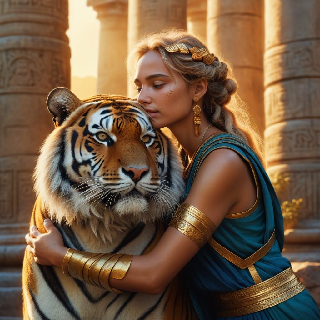 Regal goddess with golden hair and green eyes, wearing flowing white robes, standing in ancient Roman temple with tall p...