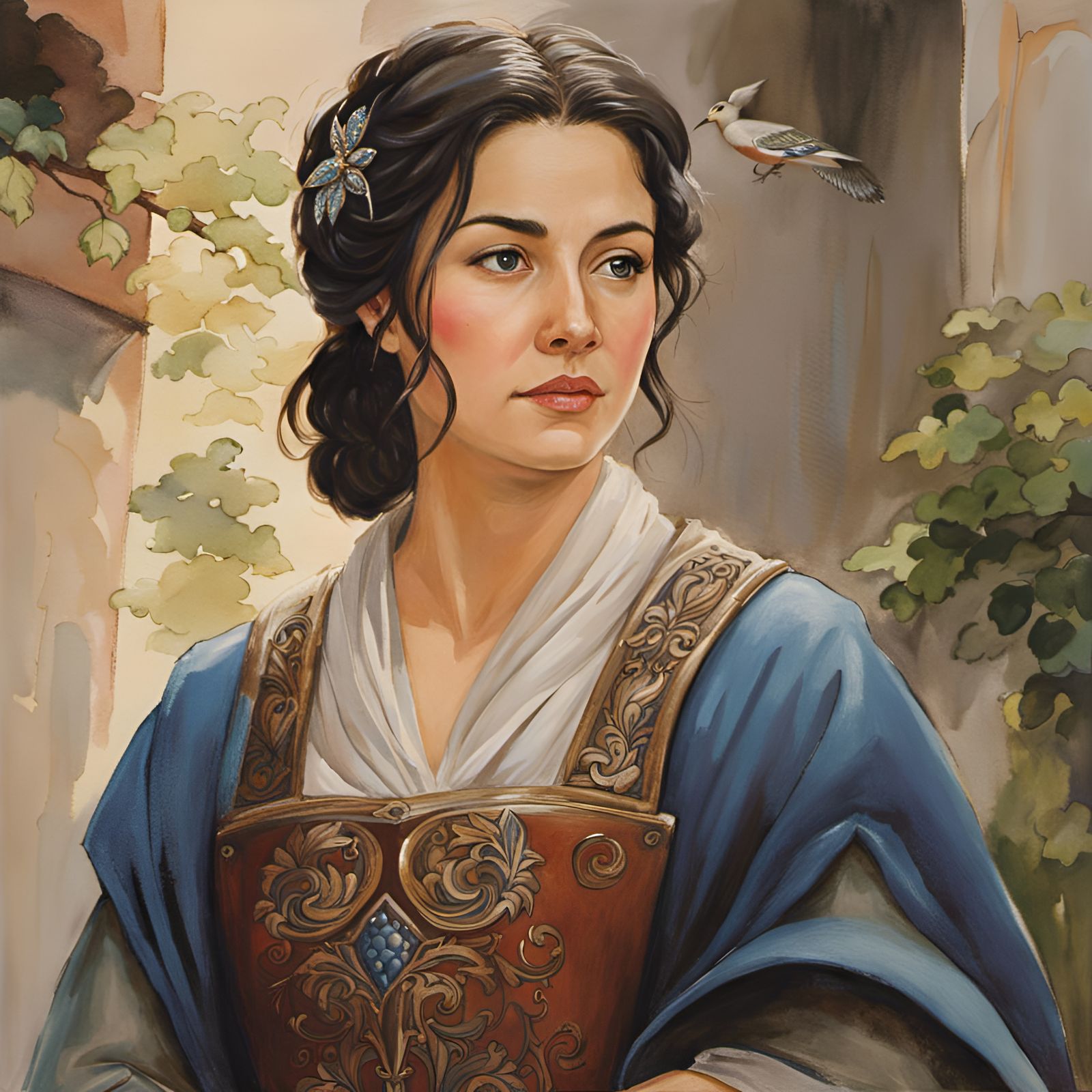 Chubby Noblewoman in Crowded Market: Watercolor Ghibli Style