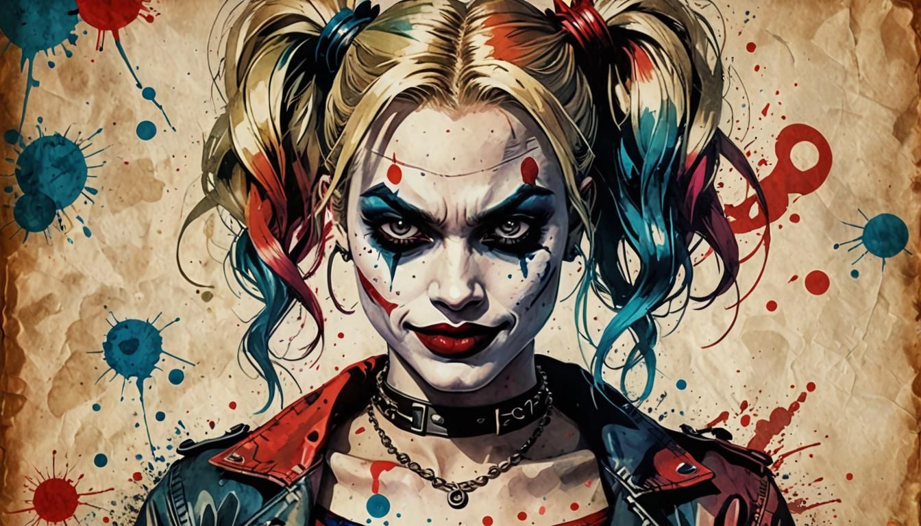 Harley Quinn Drawing on Vintage Parchment