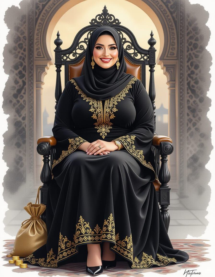 Elegant Hijabi Woman in Ornate Throne