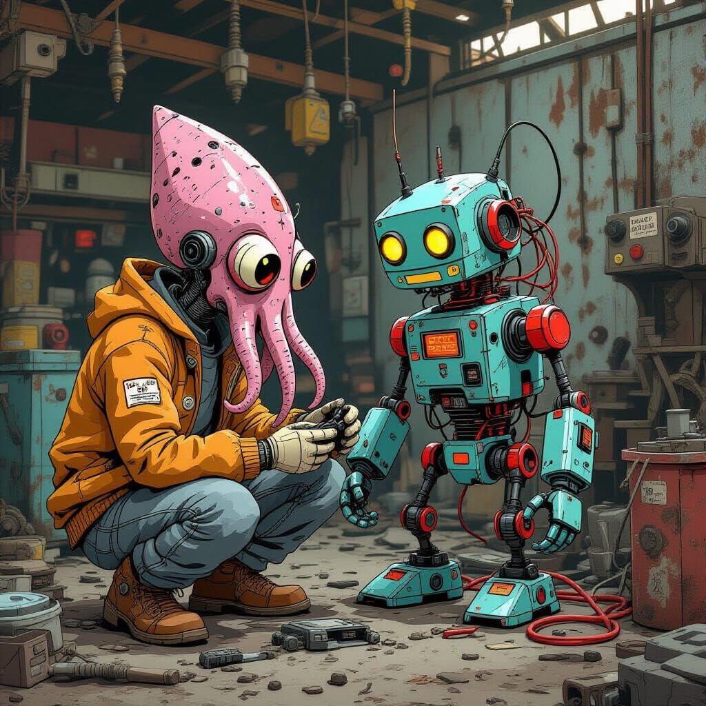 Squid Mechanic Repairs Robot: Detailed Toon Sketch