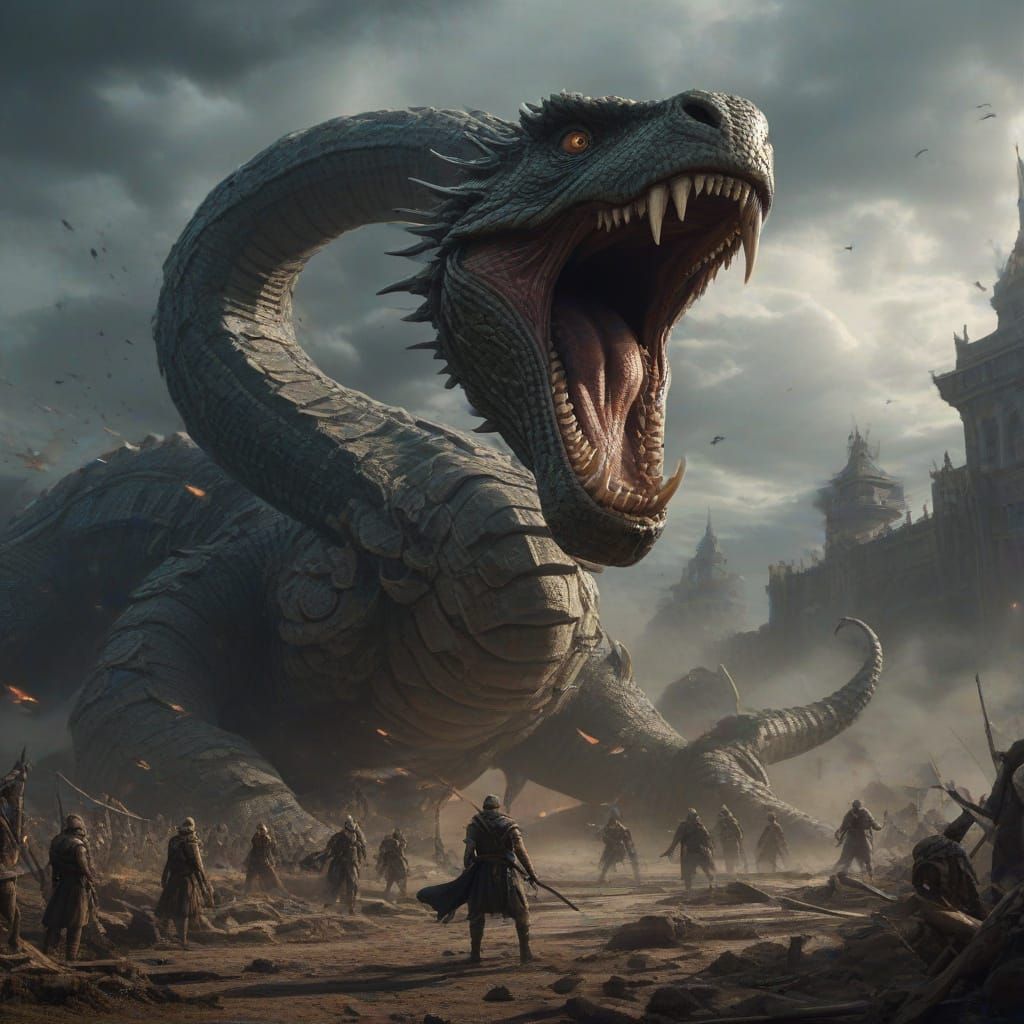 Epic Cinematic Digital Painting of a Giant Serpent in Battle