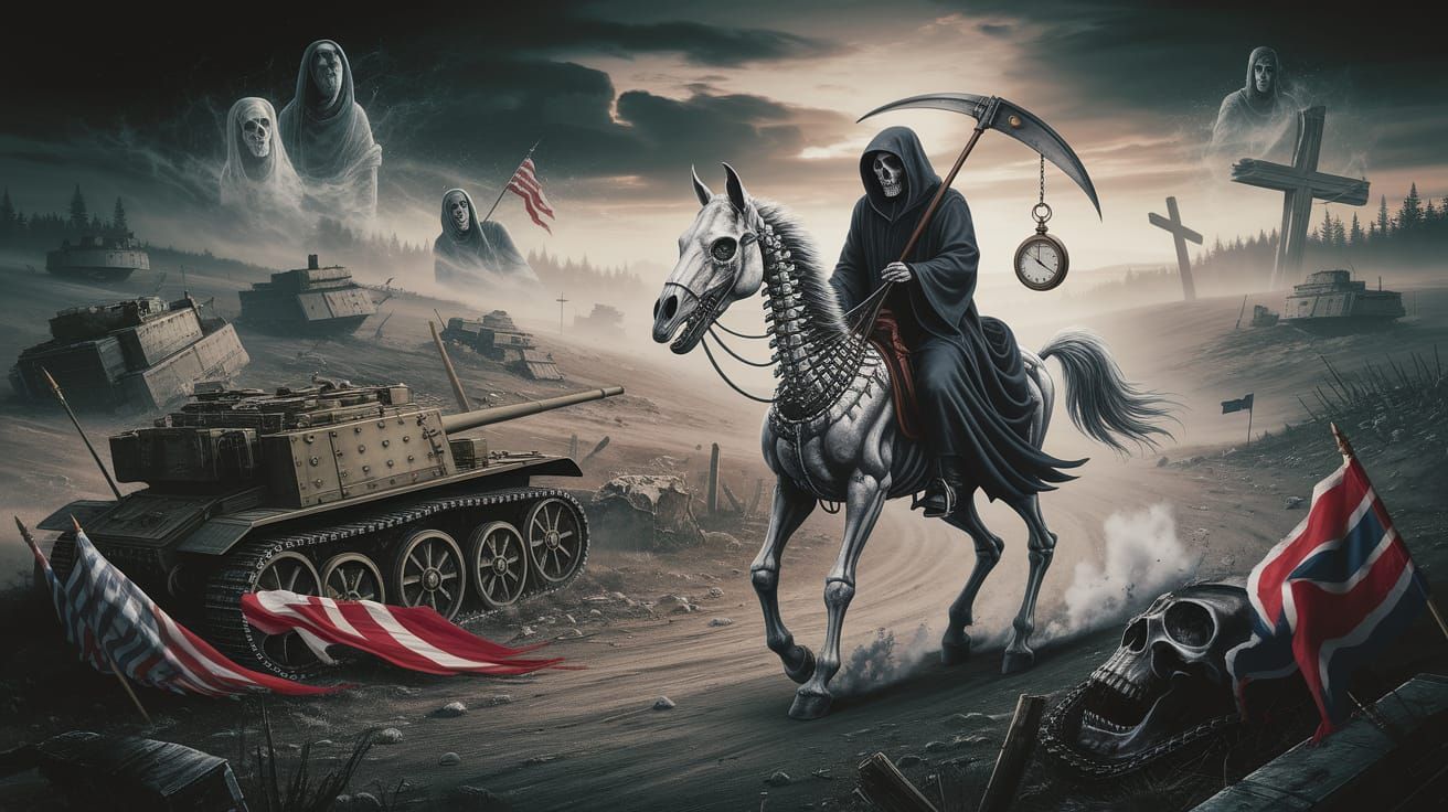 Grim Reaper on Skeletal Horse Over WWII Battlefield
