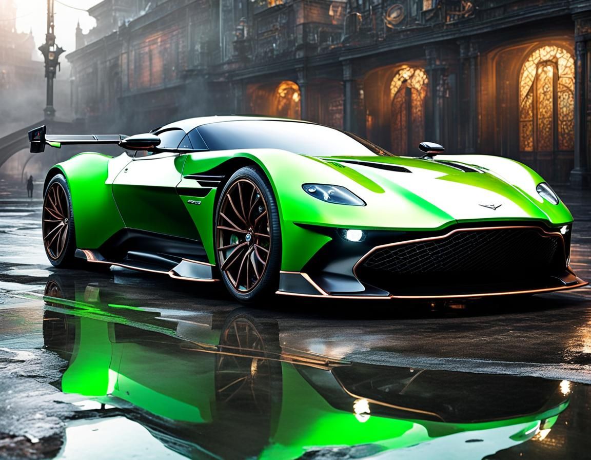 Steampunk Aston Martin Vulcan in Cyberpunk Rain