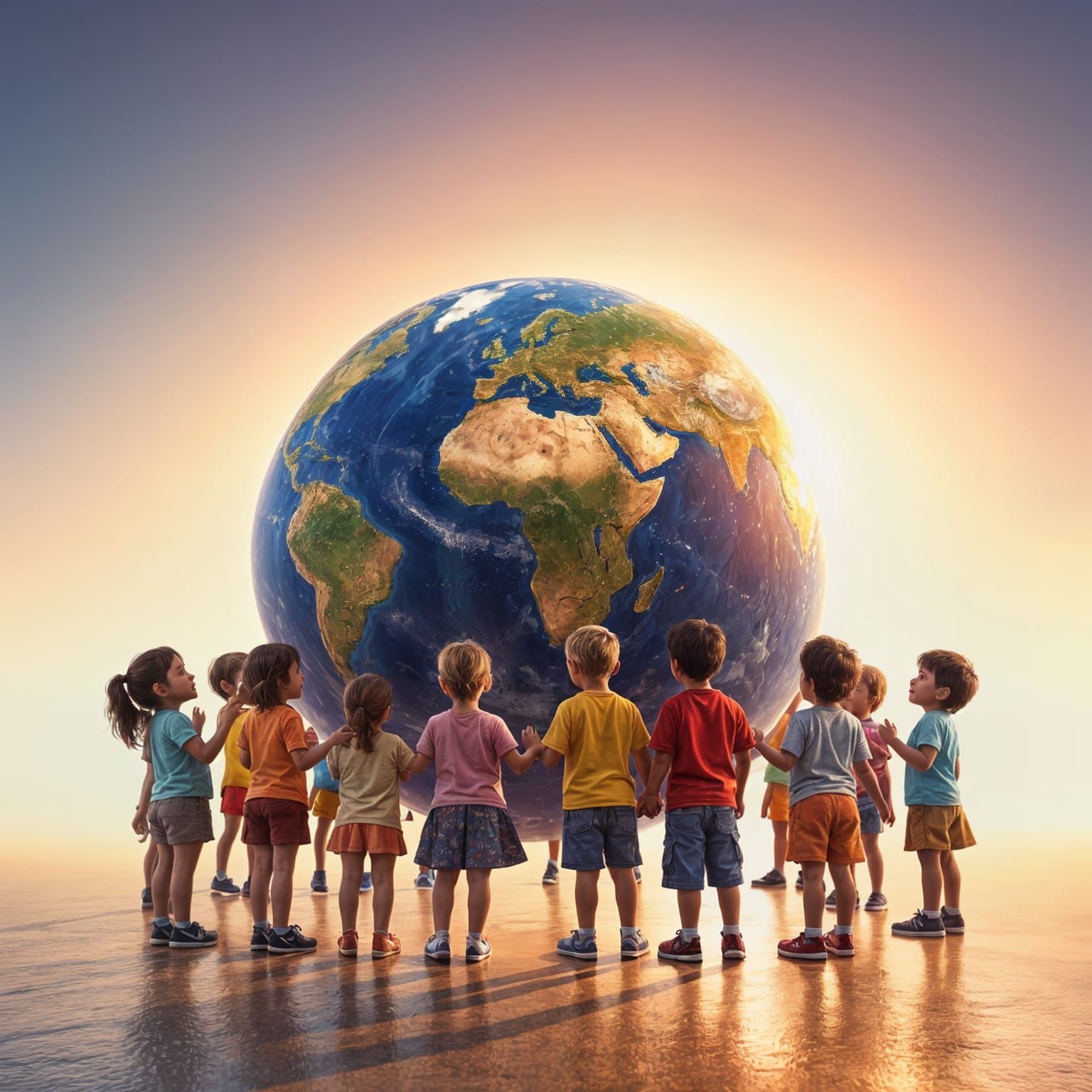 Children Holding Hands Around Earth Globe in 3D