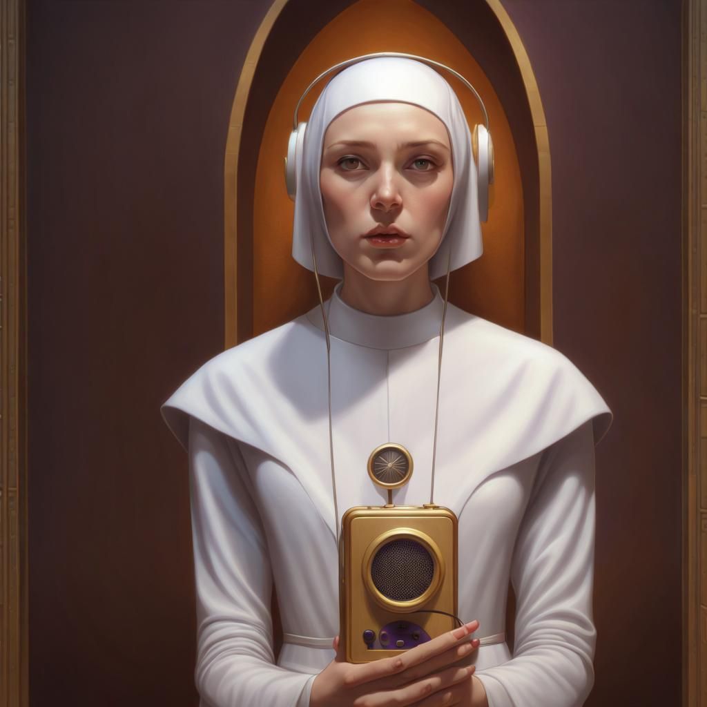 Nun with Futuristic Radio, Dark Fantasy Art