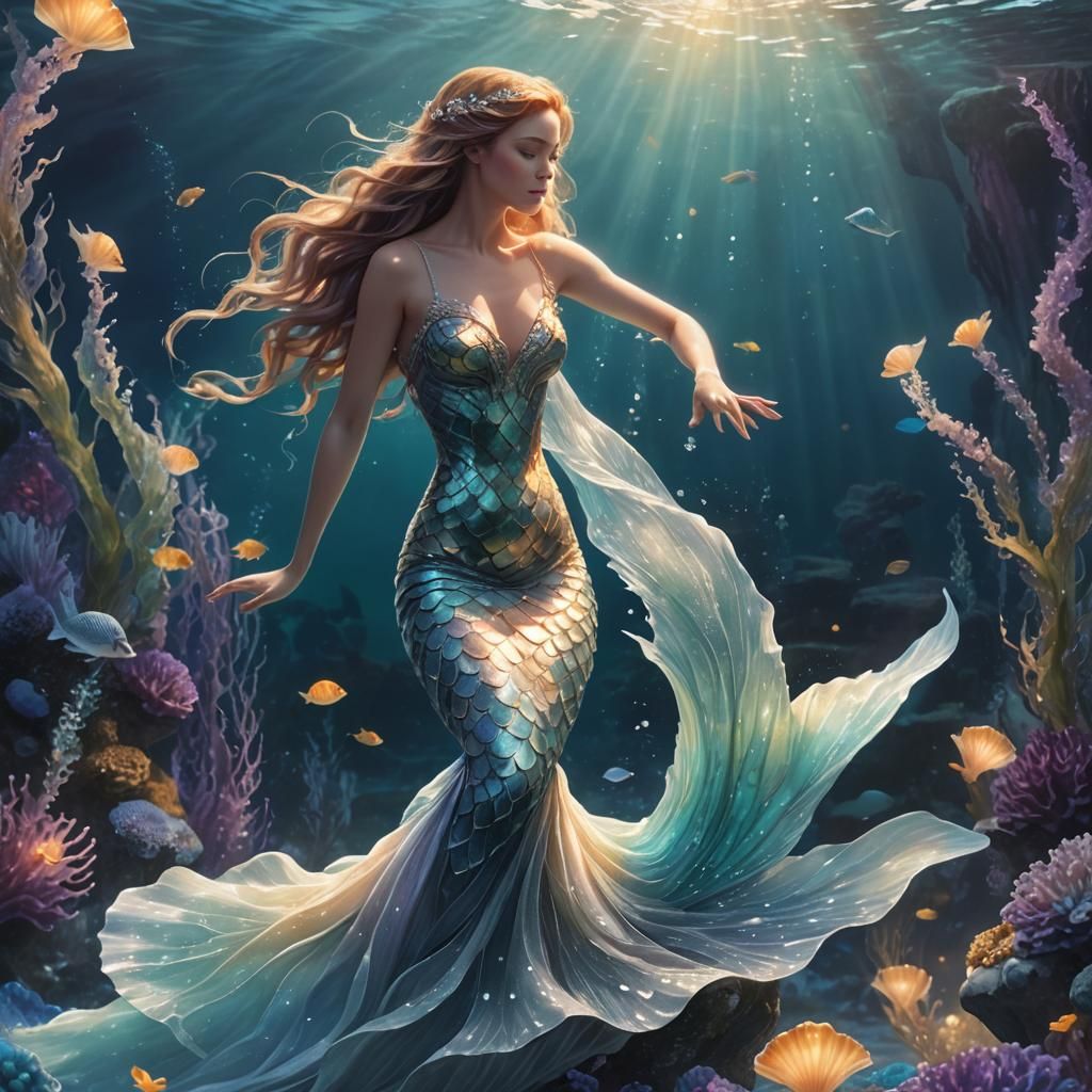 Luminous Mermaid in Sea, Art Nouveau Watercolor