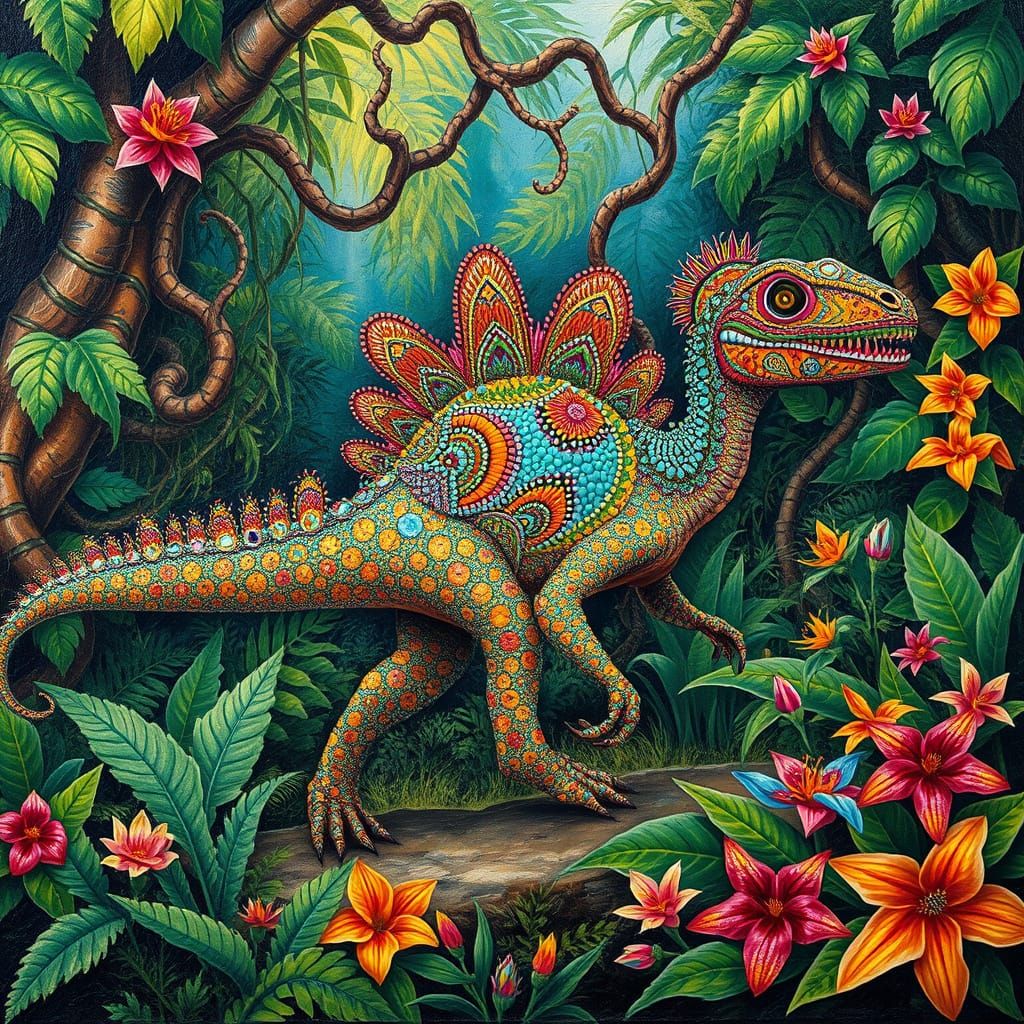 Beaded Dilophosaurus in Aboriginal Impressionist Style