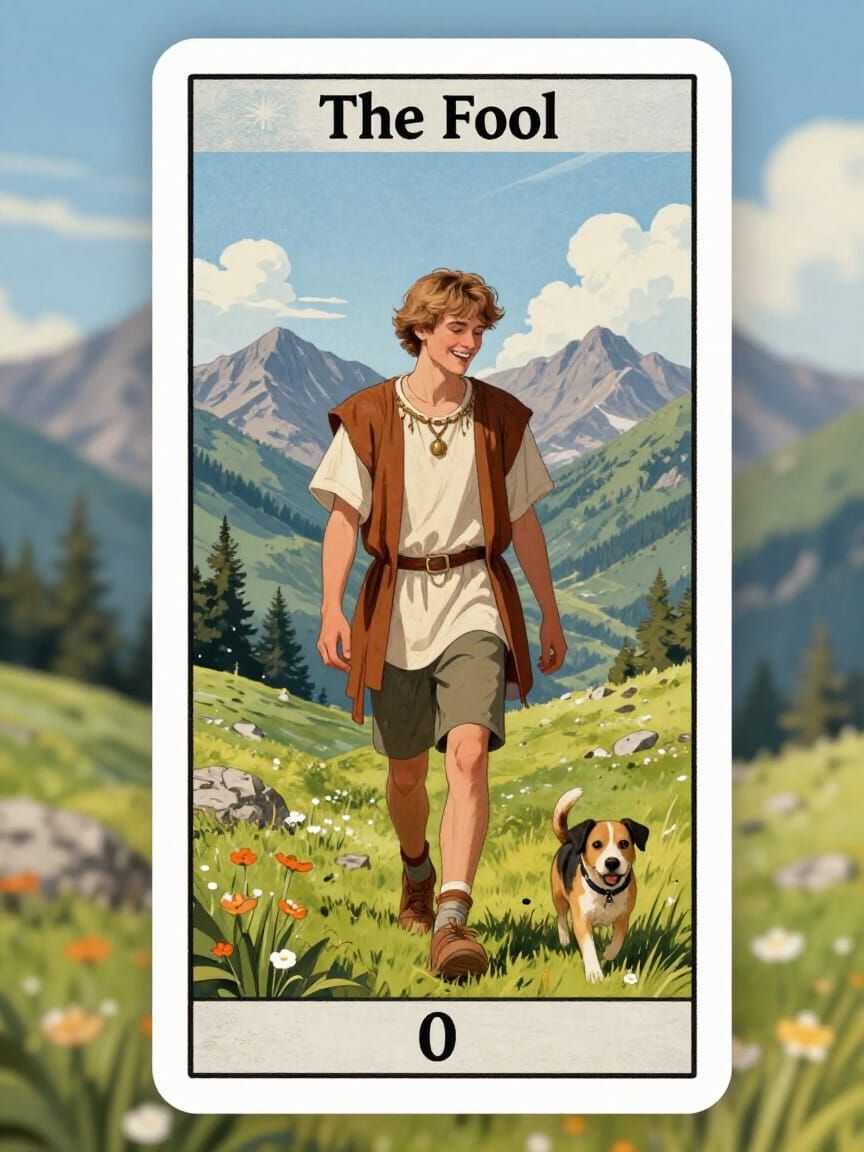 The Fool Tarot Card: Young Man Wandering Mountains
