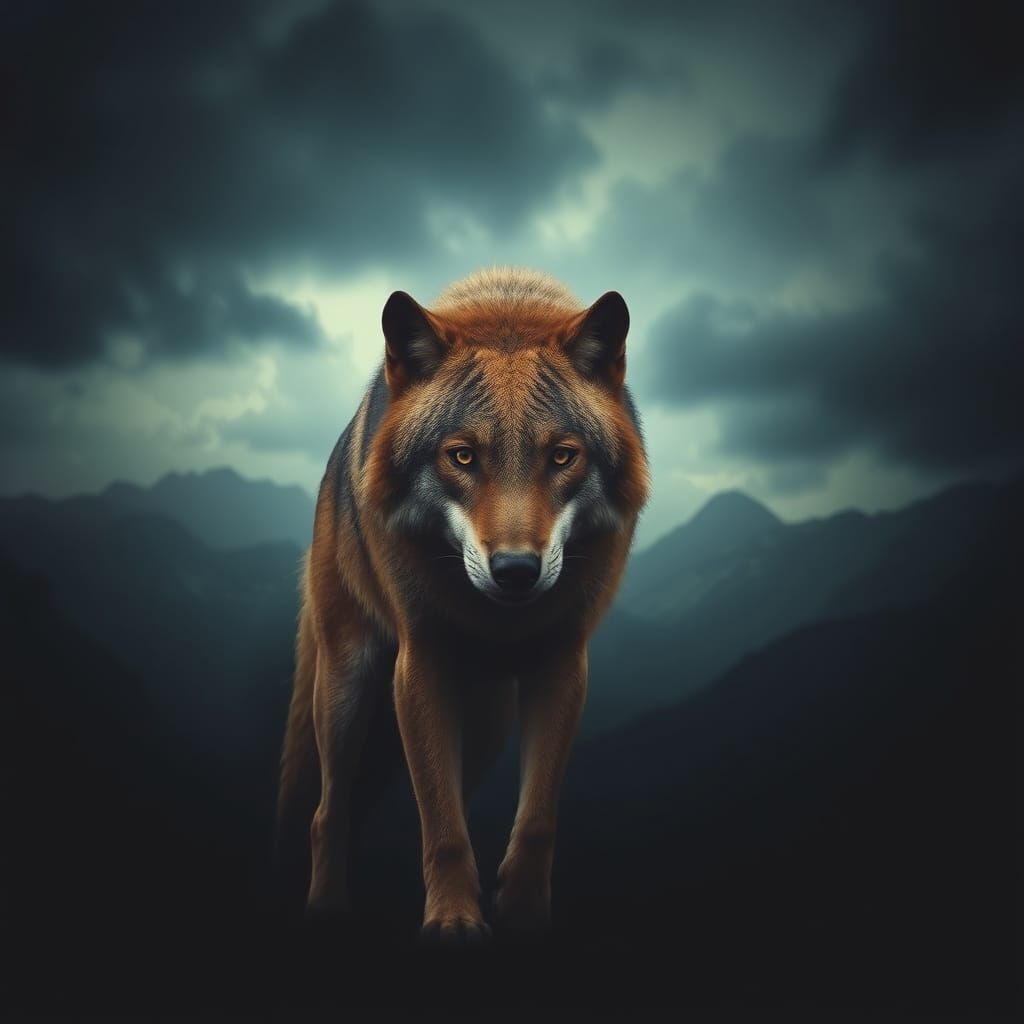 Striped Wolf in Ominous Landscape