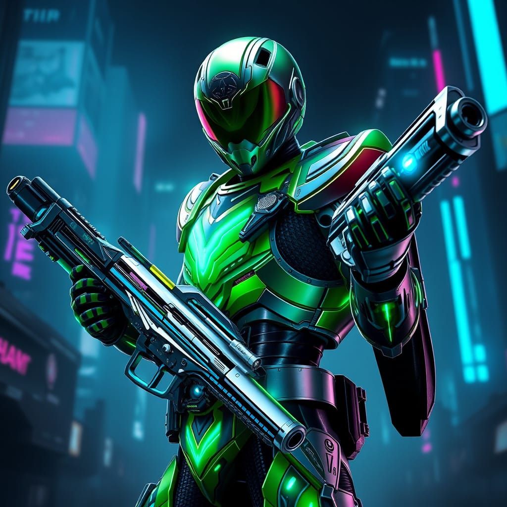 Cyberpunk Soldier in Neon-Lit Cityscape