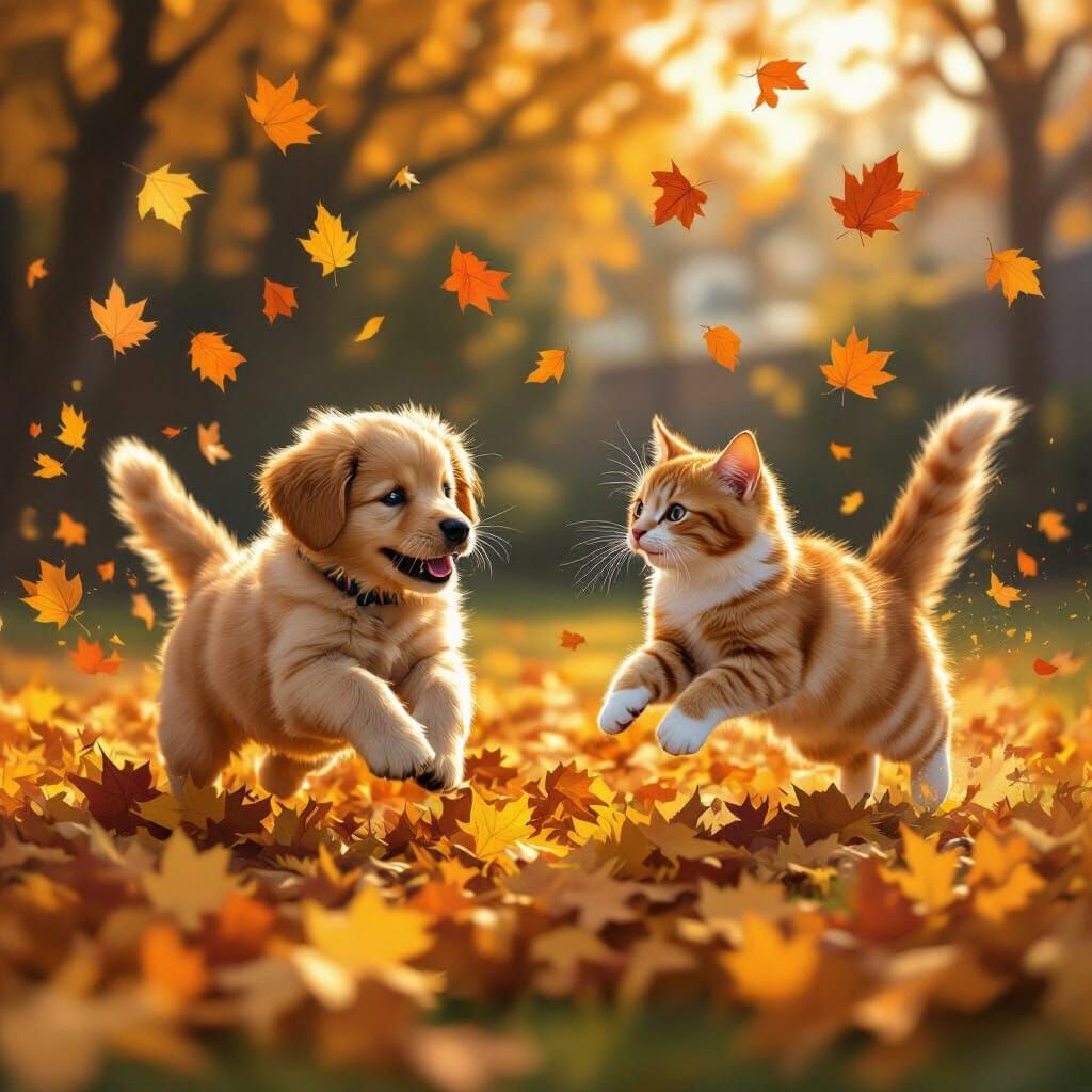 Puppy and Cat Scatter Autumn Leaves in Golden Hour