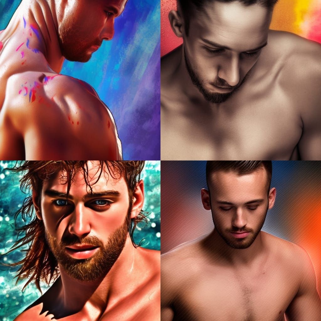 Hyperrealistic Shirtless Men in Splash Art Style