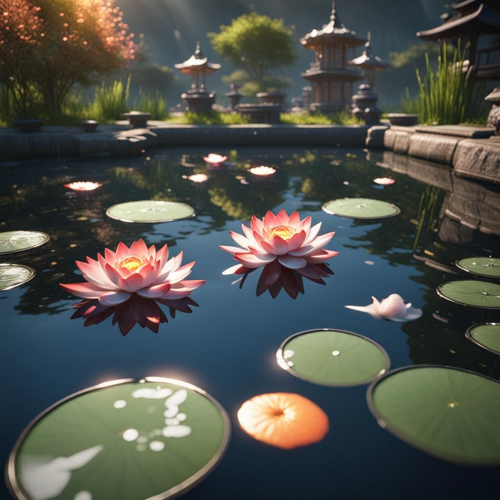 Metal Lotus in Koi Pond: 3D Game Cinematic