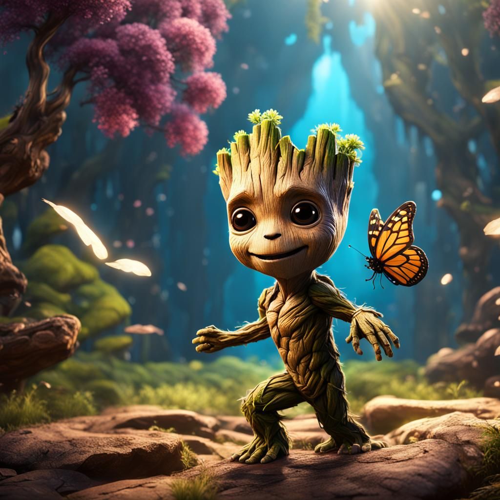 Baby Groot Dances with Butterfly