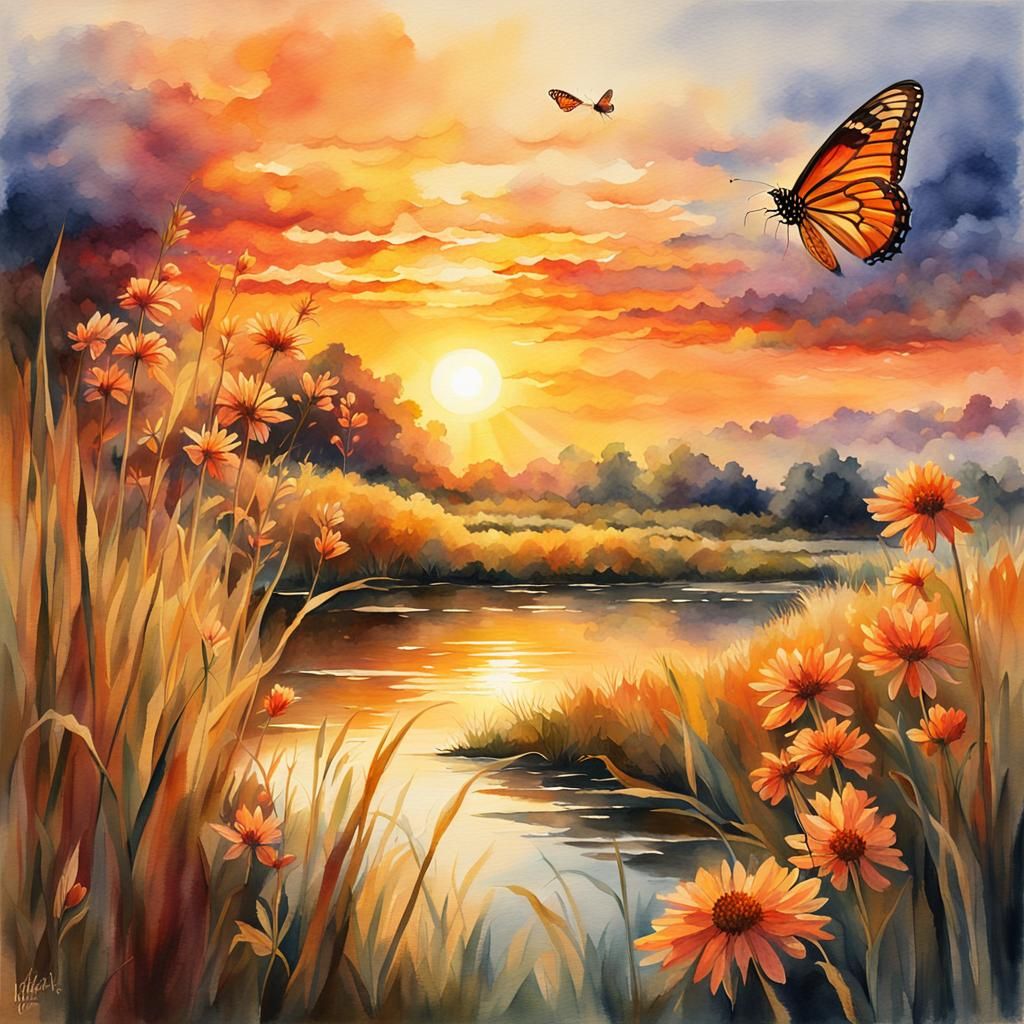Idyllic Sunset Landscape in Watercolor Style