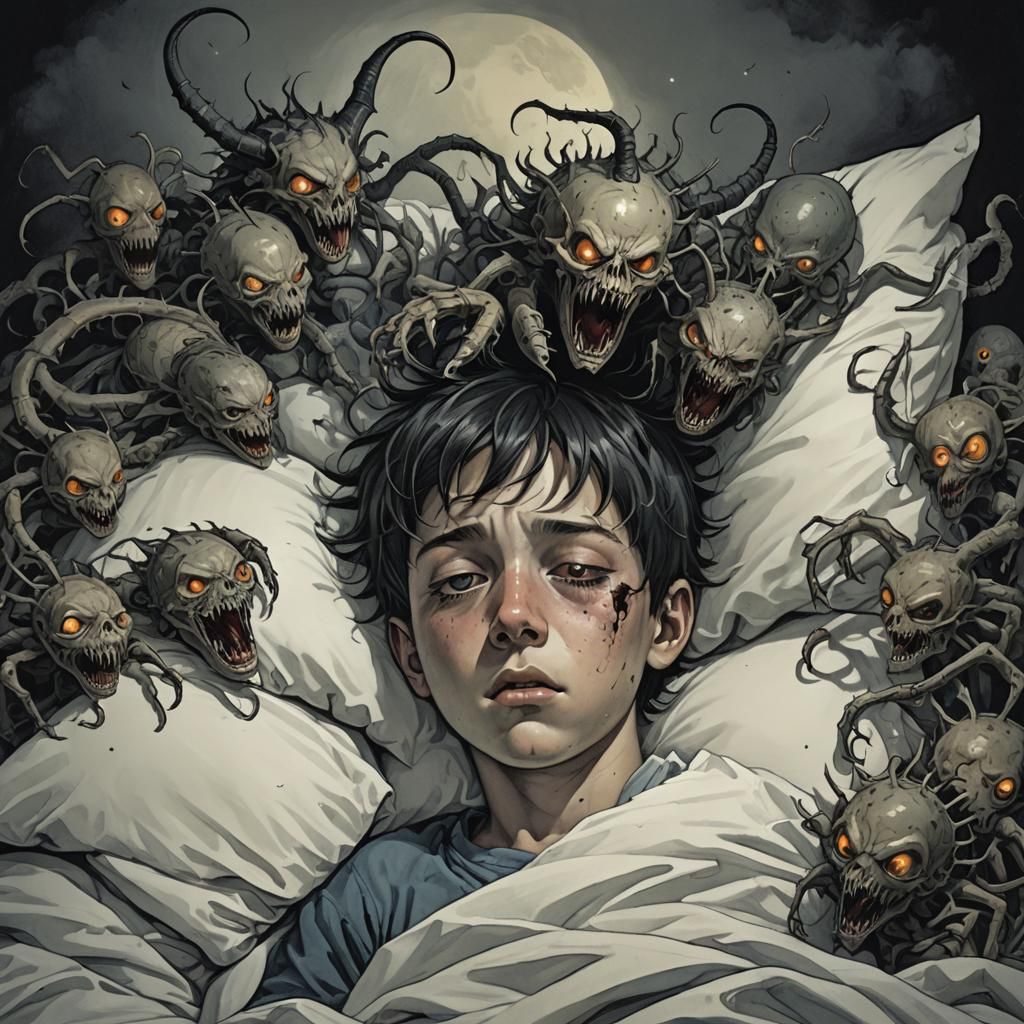 Nightmare Creatures Emerging from Boy's Head