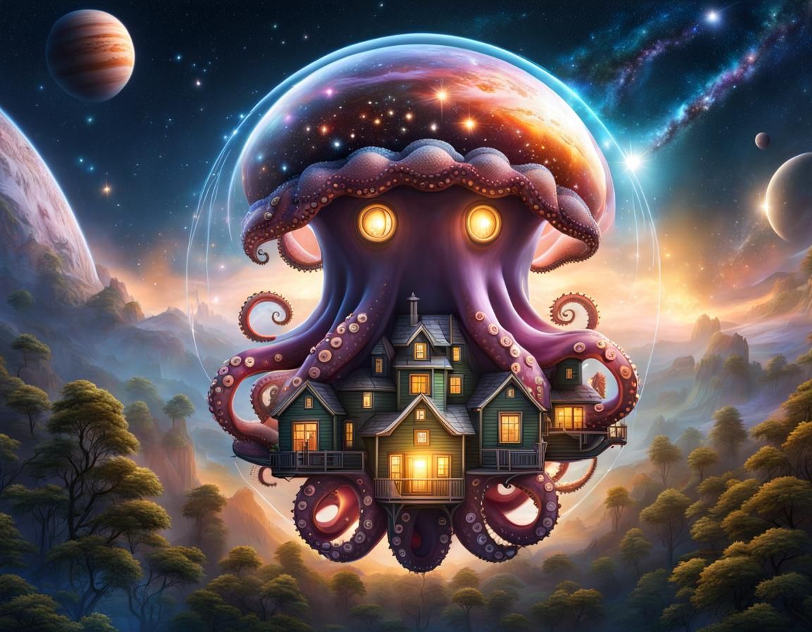 Cosmic Octopus Village in Spacecore Style