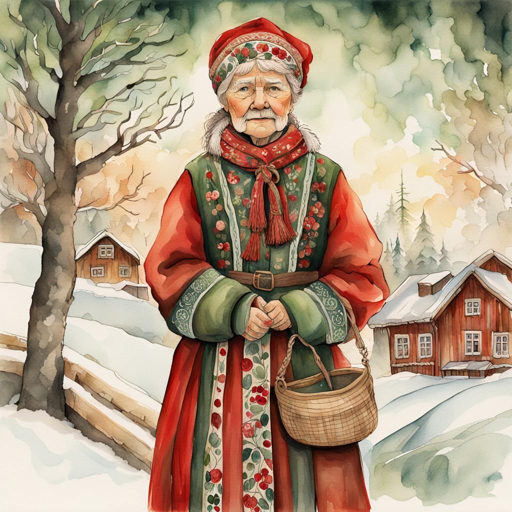 Traditional Norwegian Julenissen in Watercolor and Ink