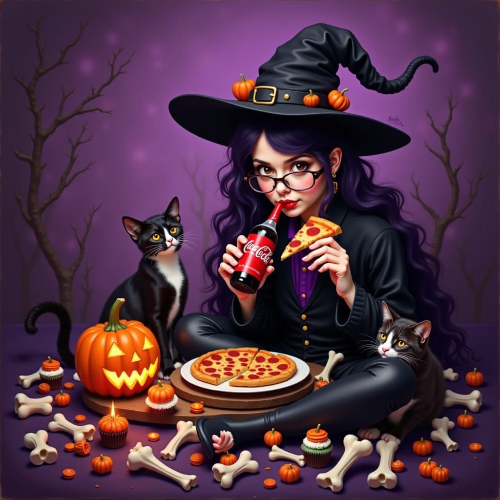 Adorable Emo Goth Witch With Cat and Snacks
