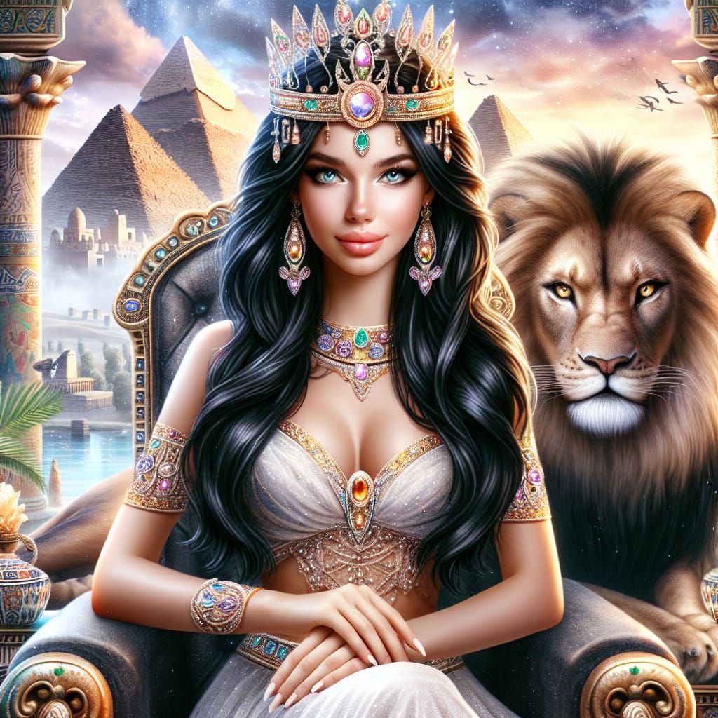 Egyptian Queen on Lion Throne in Magical World