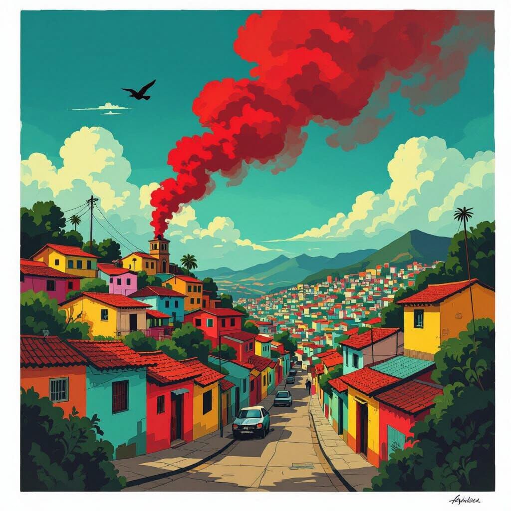 Stylized Favela with Red Smoke, Dreamlike Art