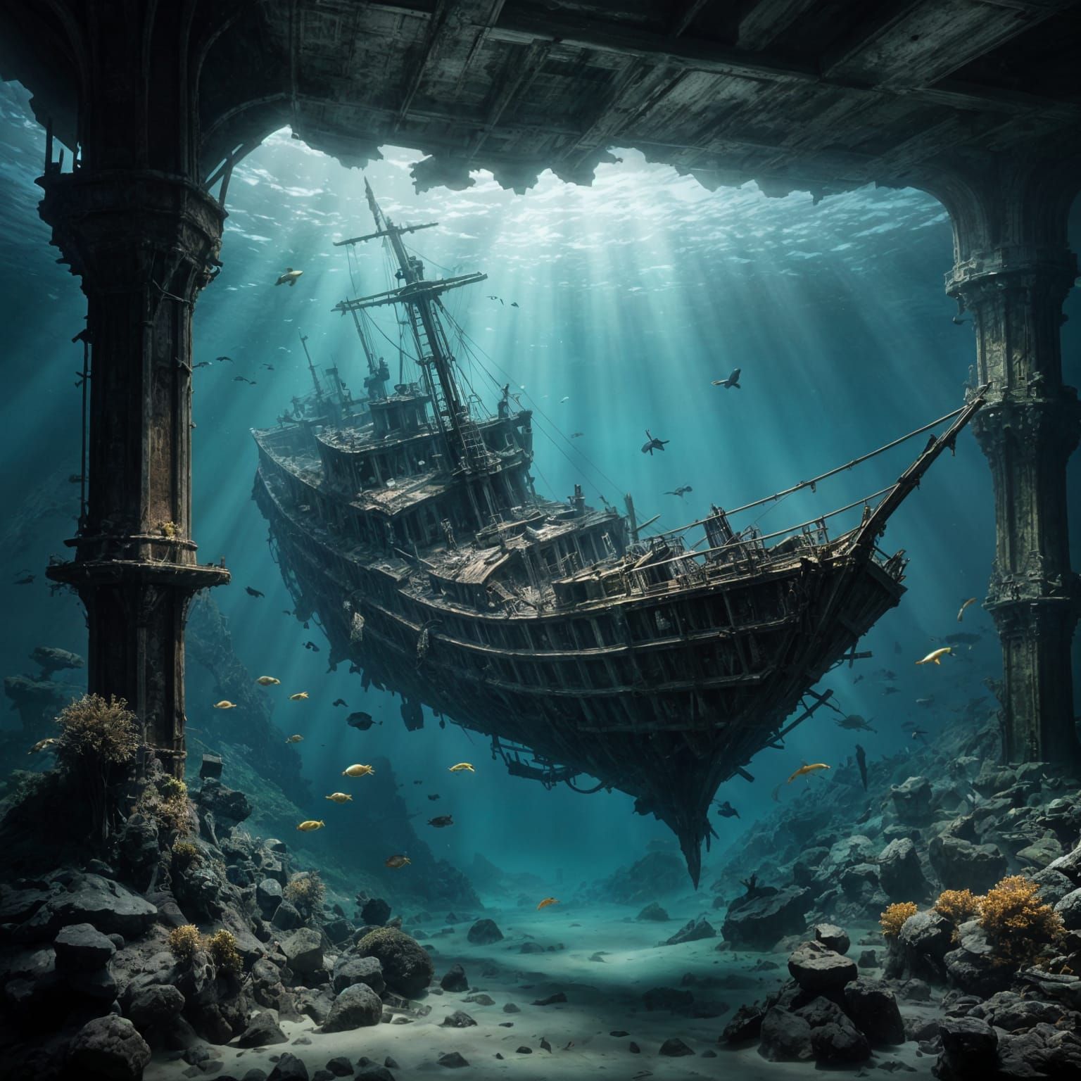 Underwater Shipwreck Still Life with Coral Reef