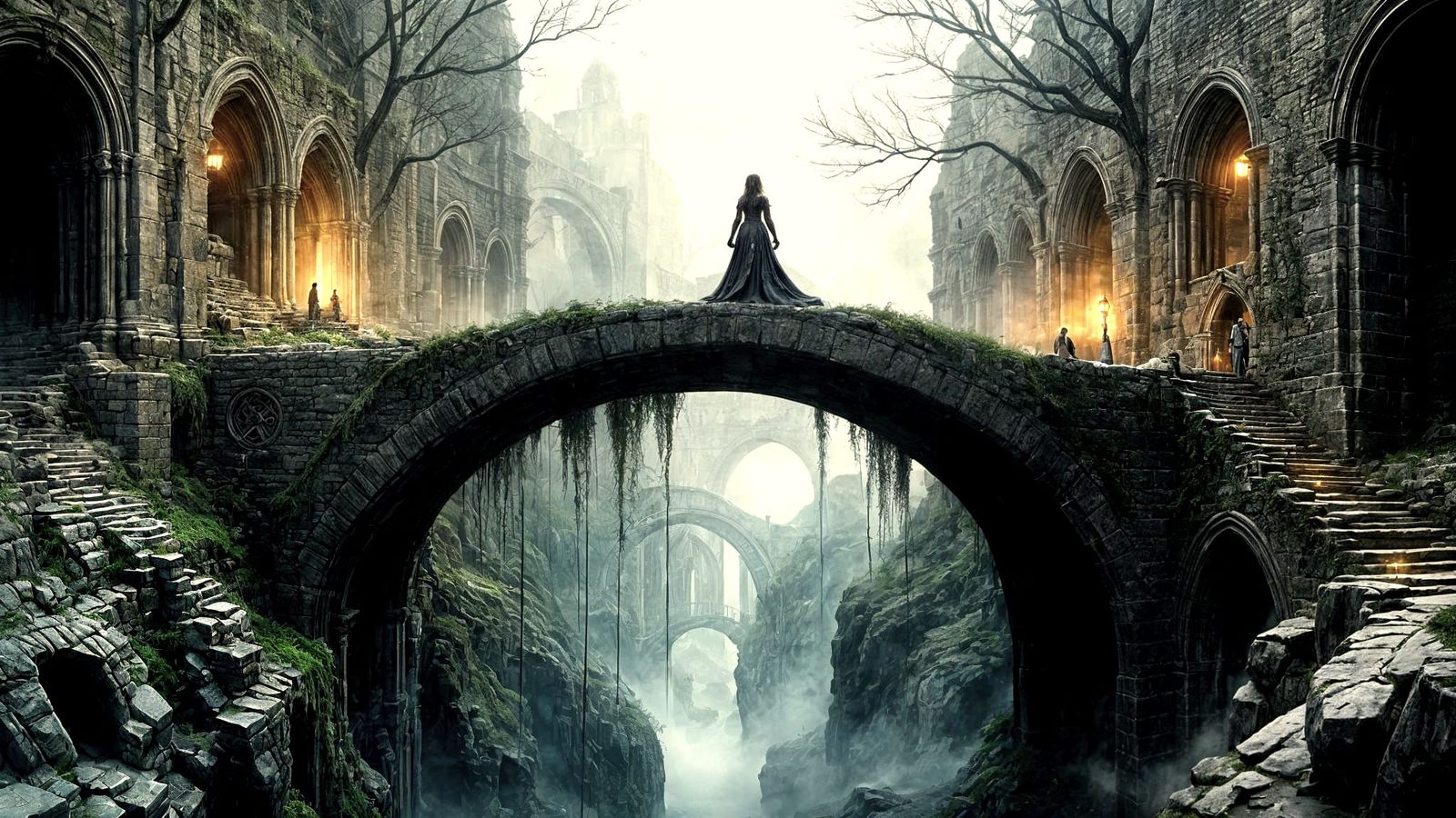 Ethereal Lantern on Ancient Stone Bridge