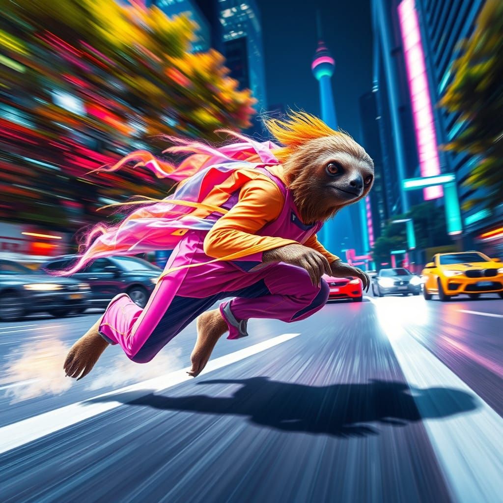 Sloth in Futuristic Superhero Garb, Blazing Through the City