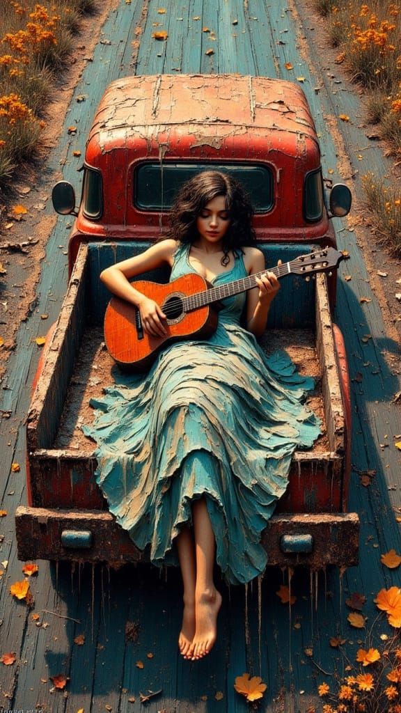 Woman Plays Guitar in Rusty Truck on Highway Soft Oil Painti...