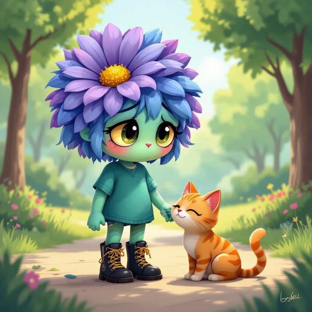 Sad Cartoon Aster Flower Person with Cat in Park