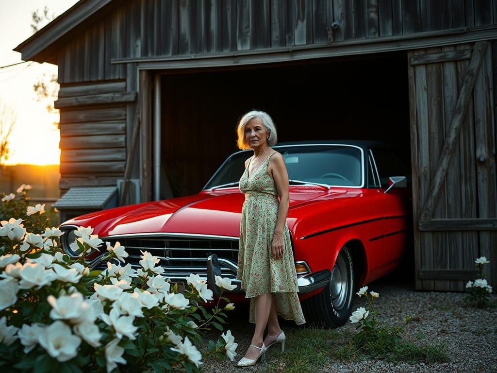 Vintage Lady Stands Proud Beside Classic Car in Enchanting G...