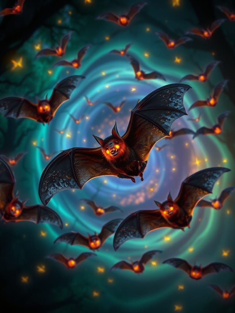 Bioluminescent Bats Swirling from Emerald Forest