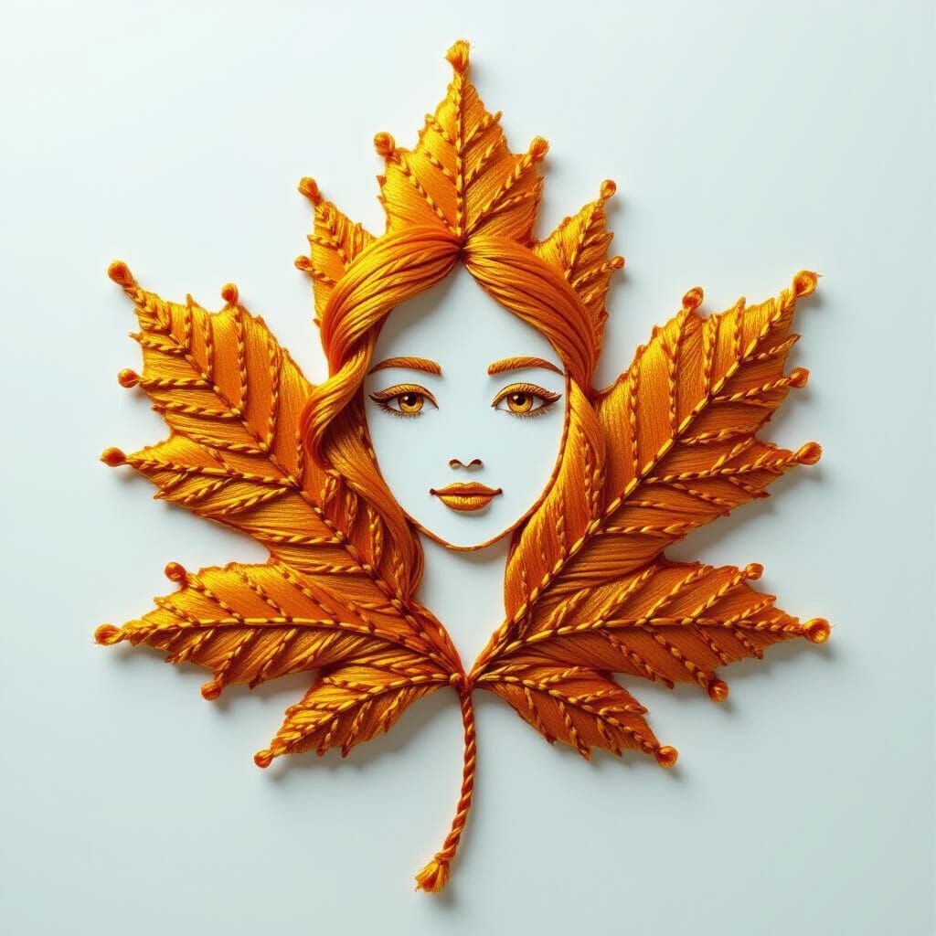 Autumn Leaf Transforms Into Girl's Face with Golden Thread
