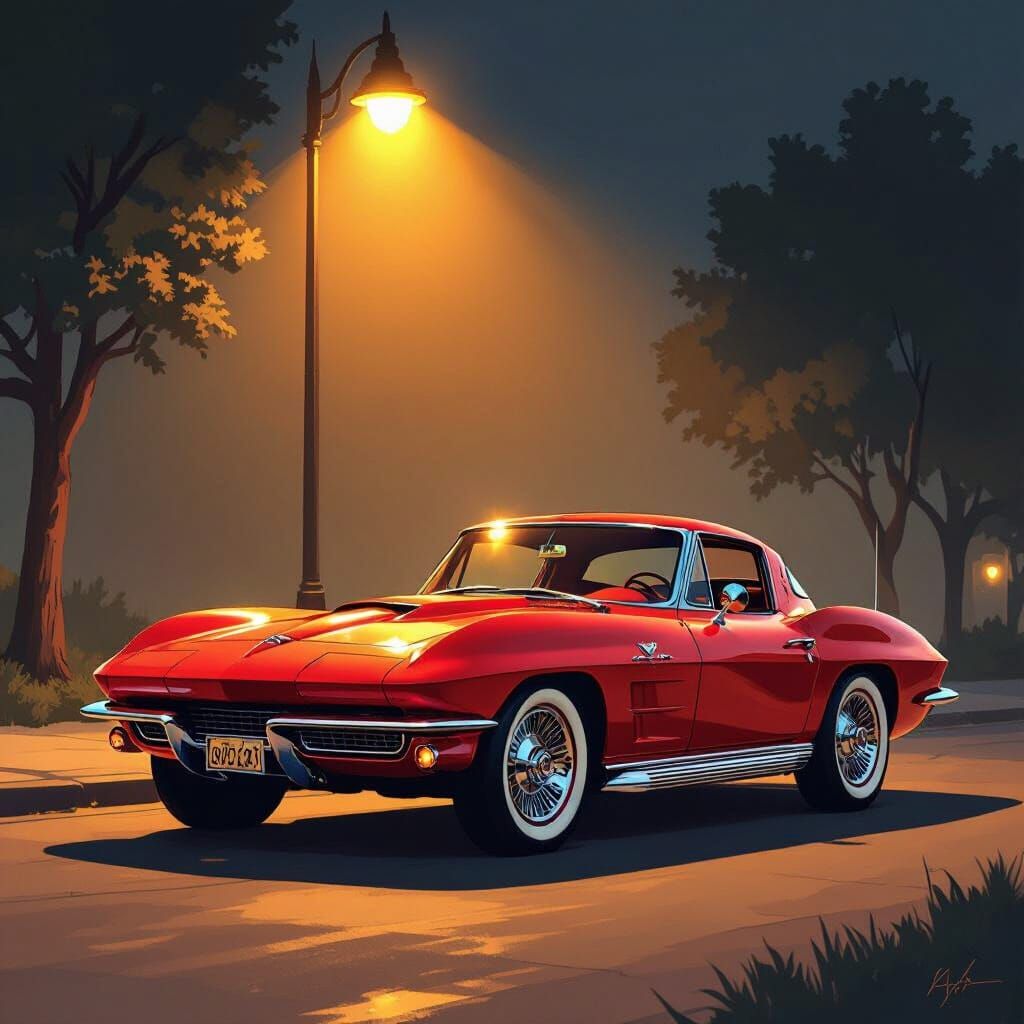 Red Corvette at Night in Syd Mead Style